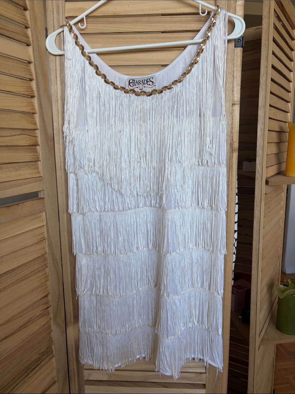 White Fringe Flapper Tank Dress with Gold Trim